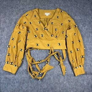 Maeve Anthropologie Embroidered Wrap Top Bees Women's 4 Yellow